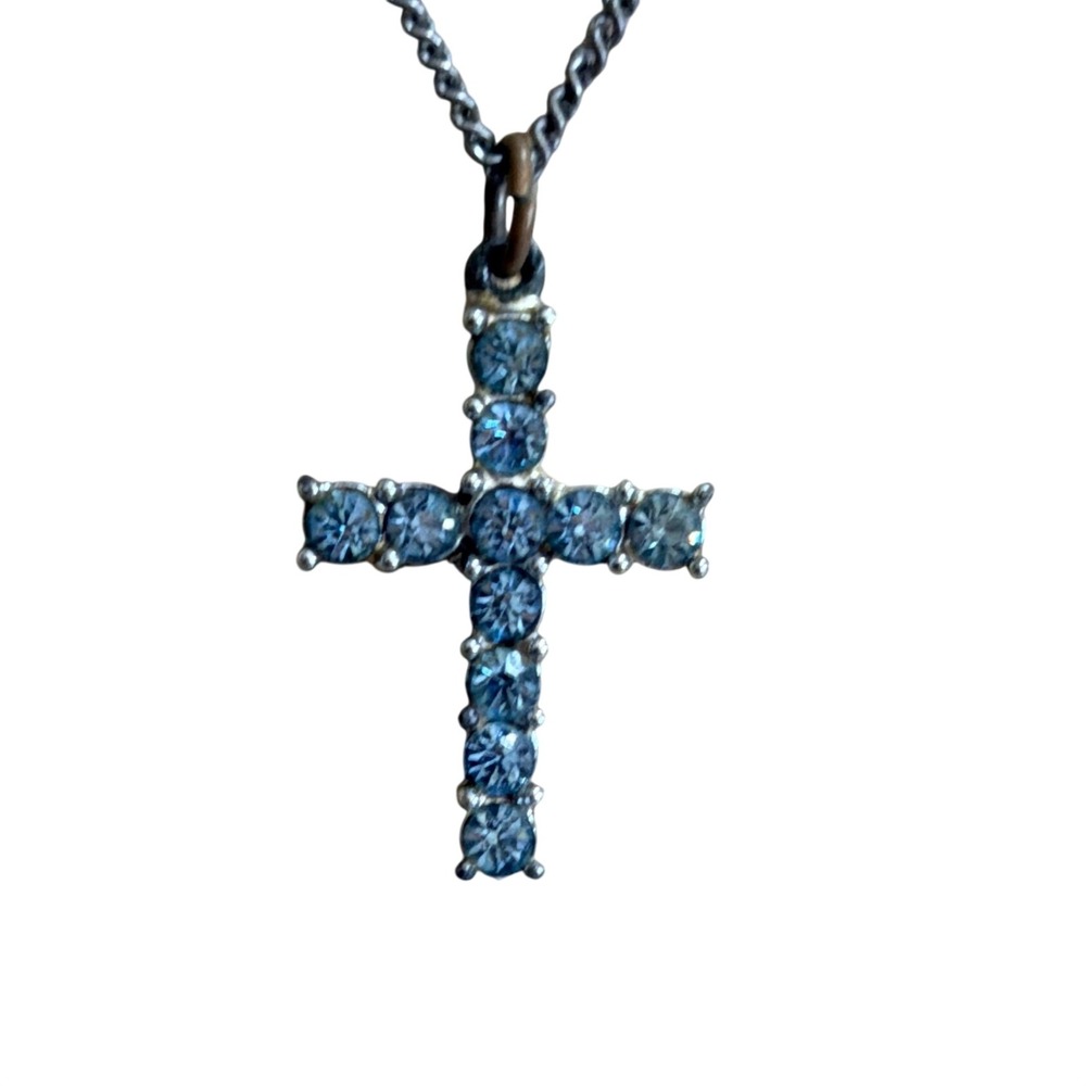 Vintage Silver Tone Light Blue Rhinestone Cross Pendant Necklace